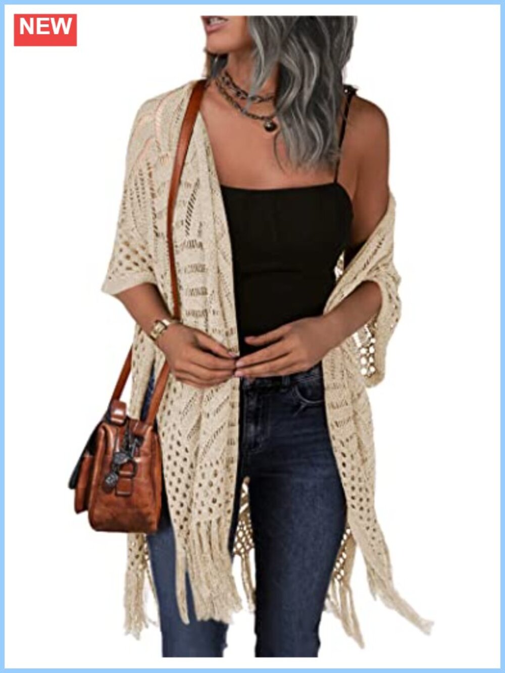 Knit Crochet Cardigan Lightweight Open Front Tassel Hem Loose Fit